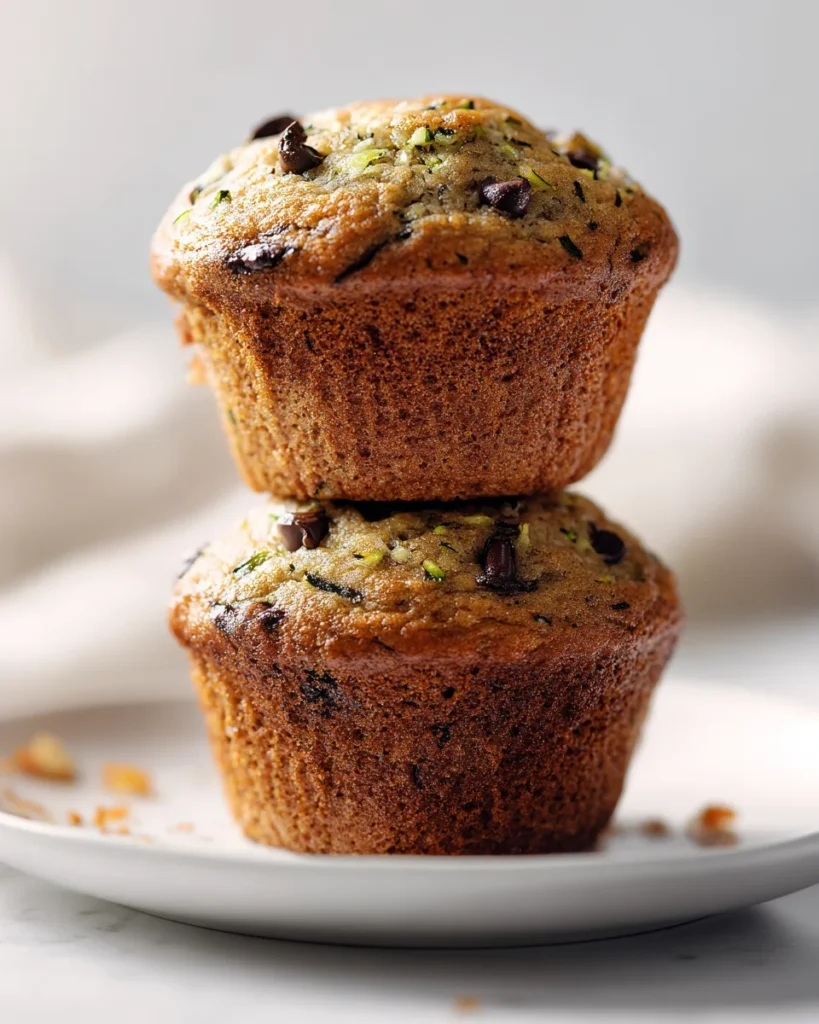 Two chocolate chip zucchini muffins stacked on a white plate, showcasing their moist crumb and golden tops.