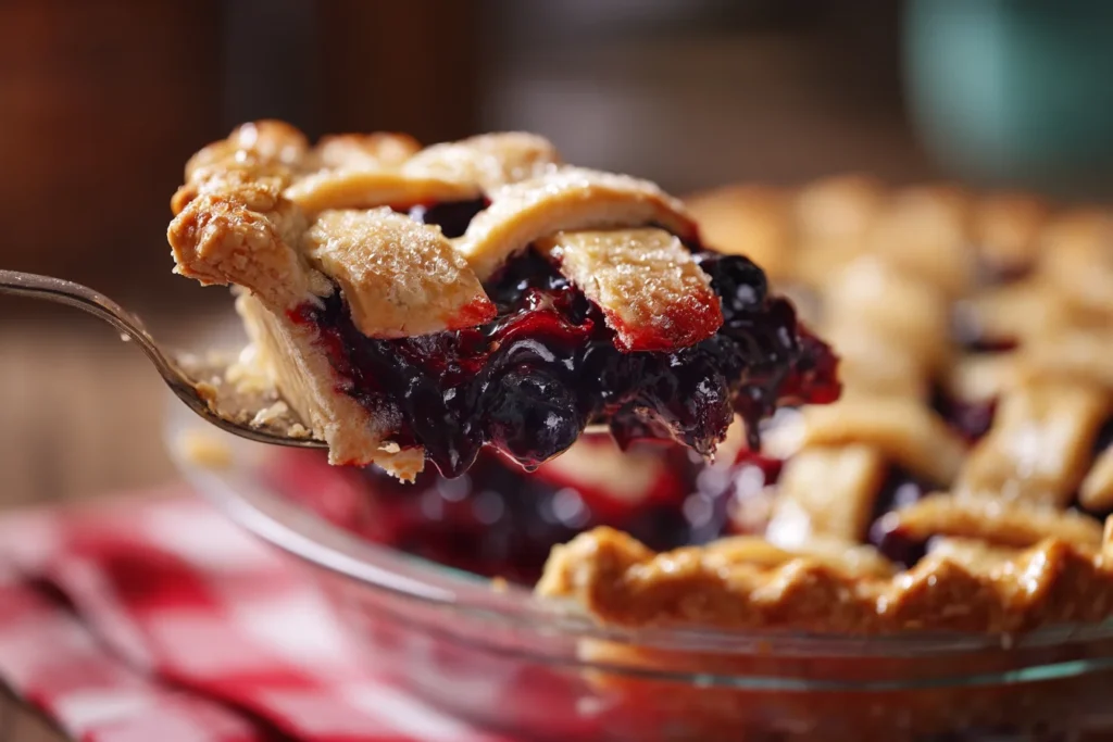 Slice of blueberry pie being lifted from dish with red napkin in background.