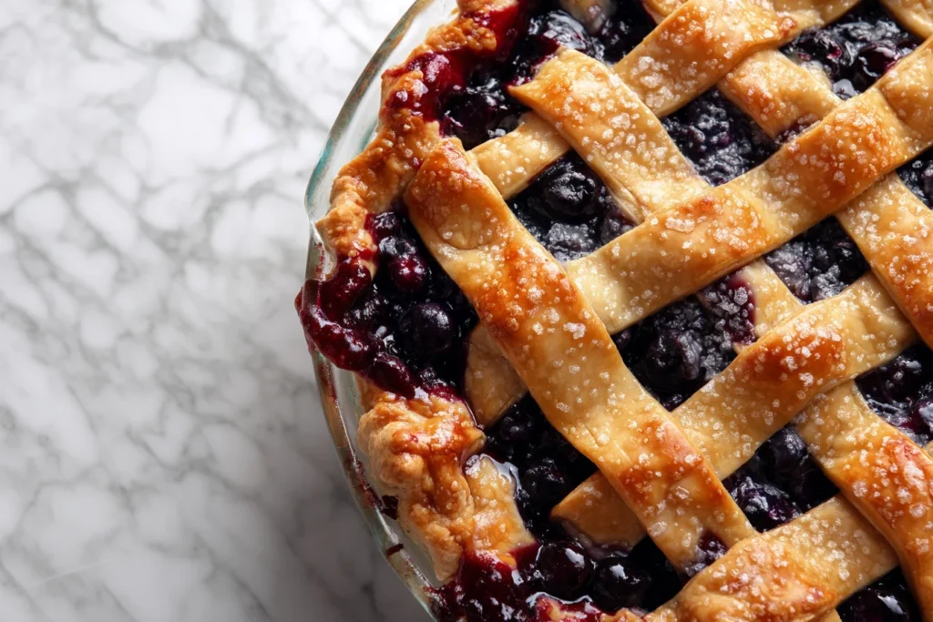 Overhead view of a blueberry pie in a glass dish with a golden lattice crust.