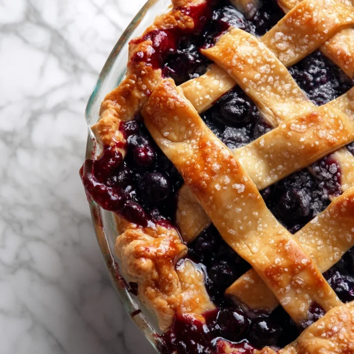 Overhead view of a blueberry pie in a glass dish with a golden lattice crust.