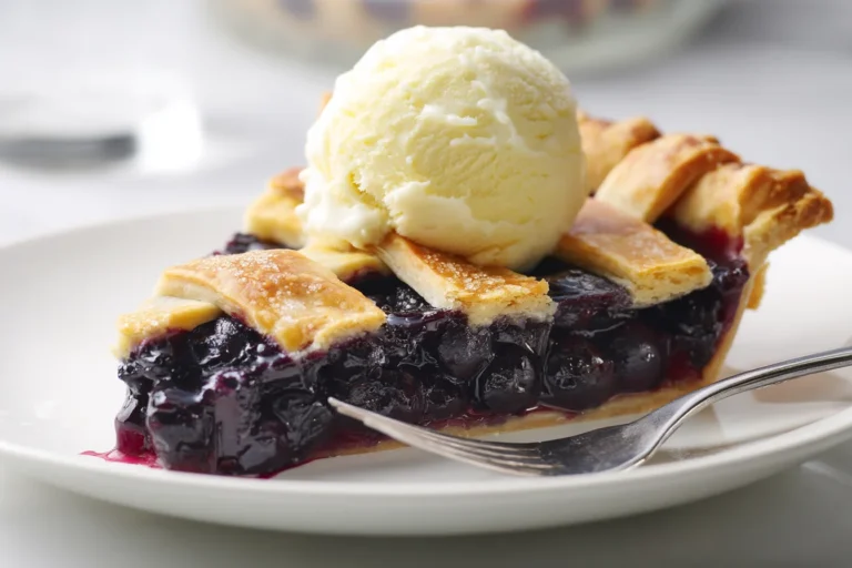 Slice of blueberry pie with vanilla ice cream and a fork on a white plate.