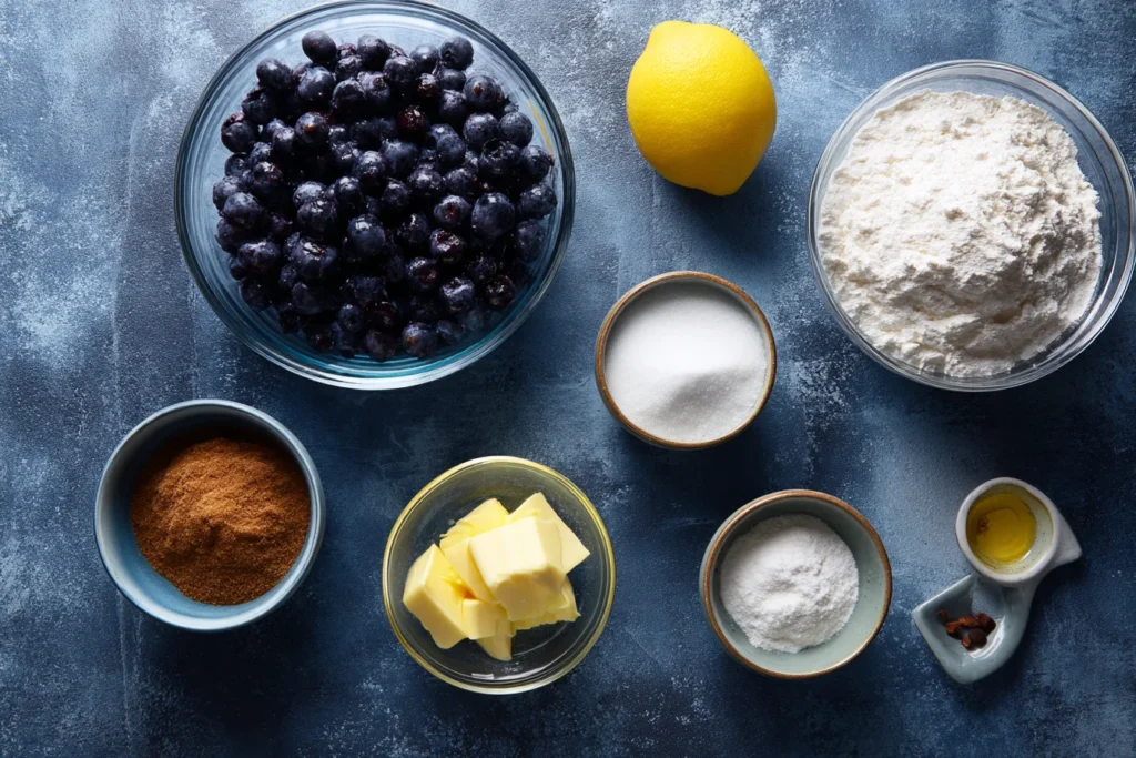 Overhead photo of blueberry pie ingredients on a dark blue surface.
