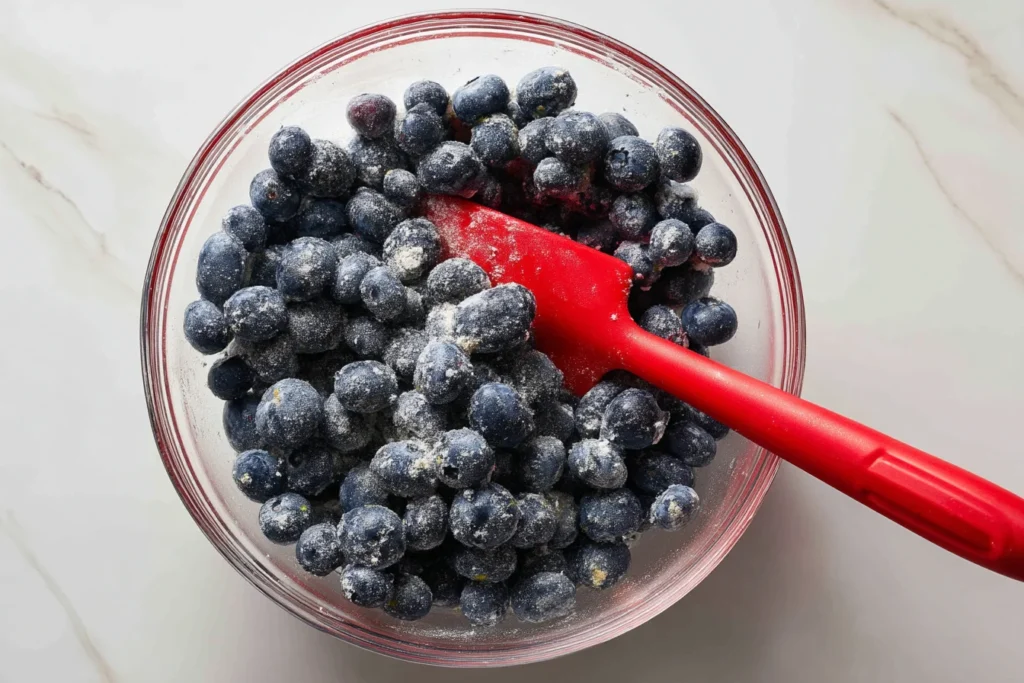 Glass bowl of blueberries mixed with flour and sugar using a red spatula.