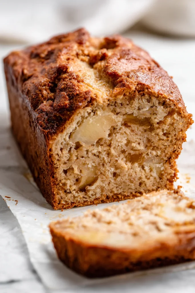 Ultra close-up of stacked slices of cinnamon apple bread showing caramelized crust and baked apple chunks