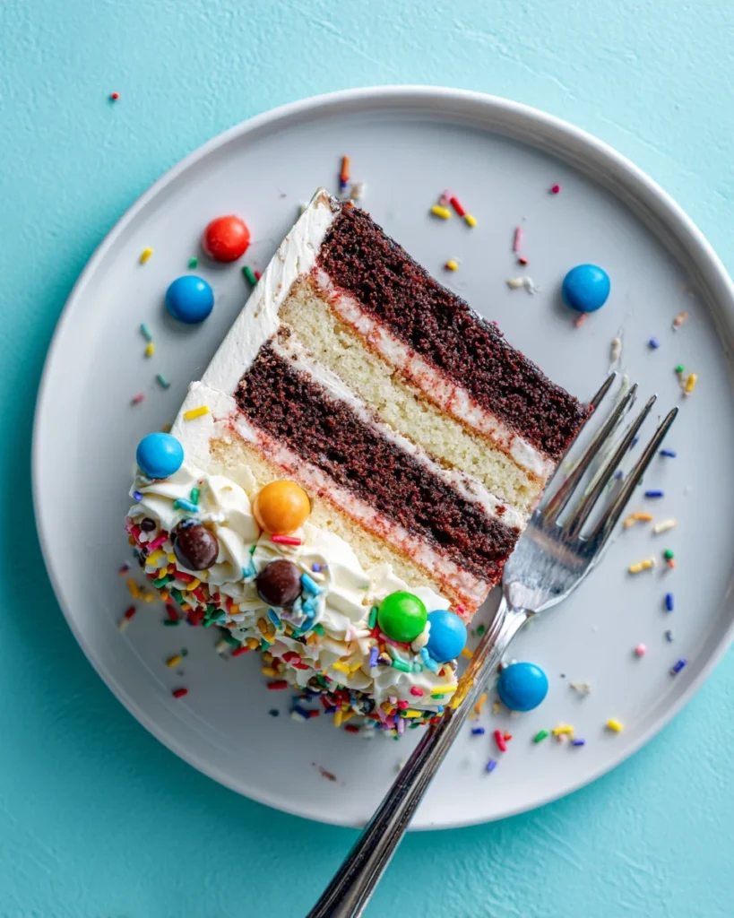 Overhead view of a Neapolitan cake slice with piped frosting, sprinkles, and candy on a white plate with a fork