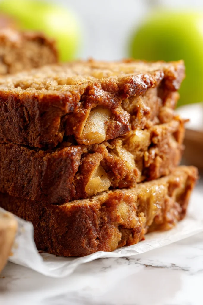 Whole cinnamon apple bread loaf with one slice cut to reveal soft interior crumb and apple chunks on a white marble surface