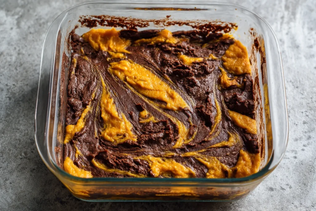 Pumpkin swirl brownie batter in a clear glass baking dish with chocolate and pumpkin layers marbled together on a gray stone countertop.

