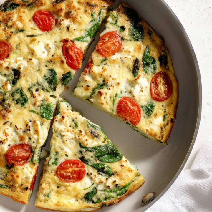 Overhead view of a sliced vegetarian frittata with golden edges, goat cheese, spinach, and cherry tomatoes.