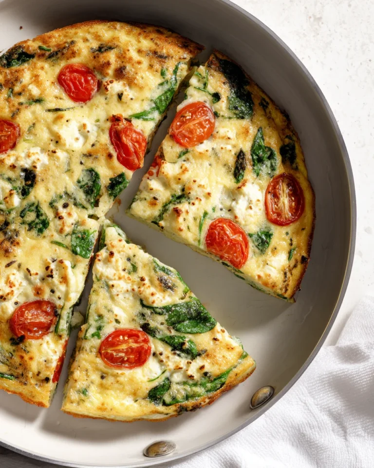 Overhead view of a sliced vegetarian frittata with golden edges, goat cheese, spinach, and cherry tomatoes.