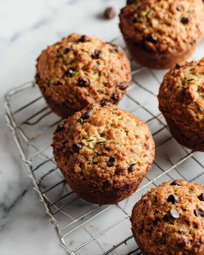 Golden zucchini muffins with chocolate chips on a metal cooling rack, showing crisp tops and flecks of shredded zucchini.