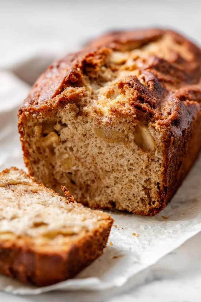 Sliced cinnamon apple bread loaf with golden brown crust and tender apple chunks

