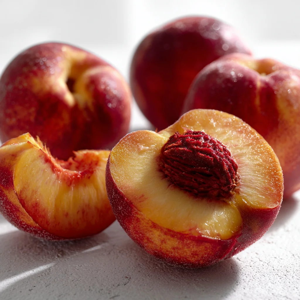 Fresh ripe peaches halved with visible pits, showing juicy yellow-orange flesh on a white surface

