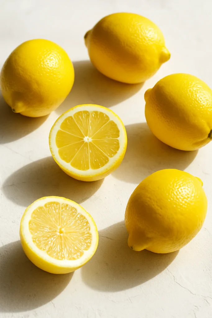 Whole lemons and halved lemons on a white textured surface in natural daylight