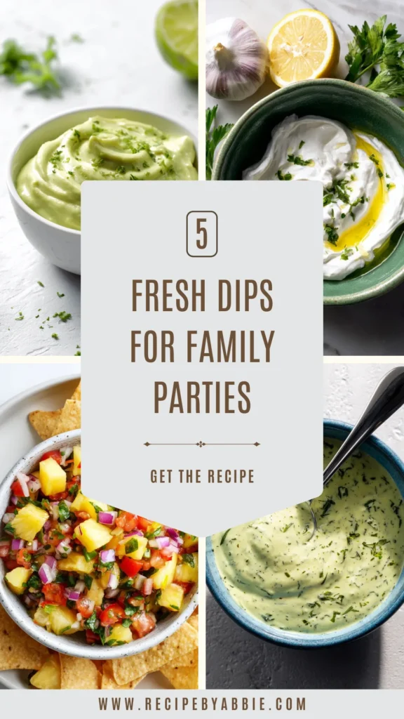 Collage of five colorful homemade dips including avocado dip, garlic yogurt sauce, pineapple salsa, and herbed tahini, with bold text reading “5 Fresh Dips for Family Parties