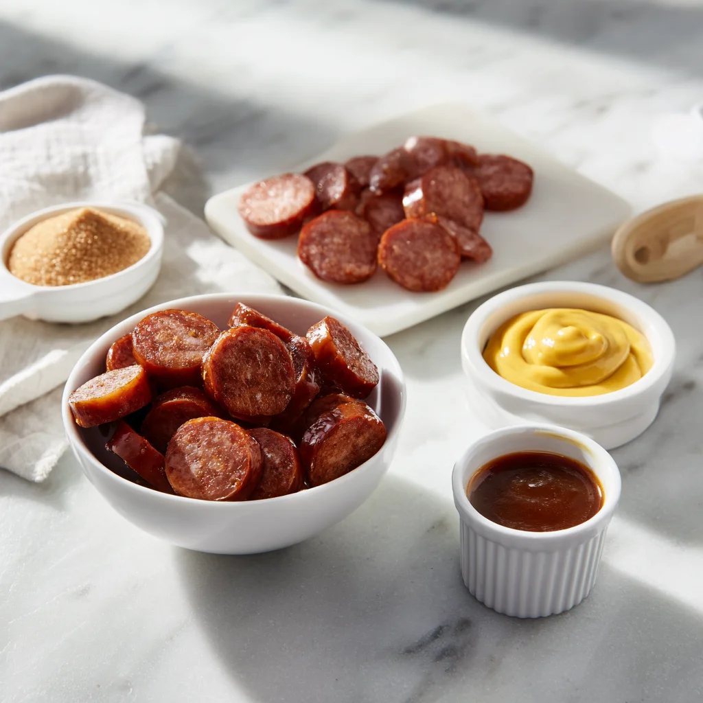 Sliced smoked sausage coins with mustard, brown sugar, and barbecue sauce on marble countertop