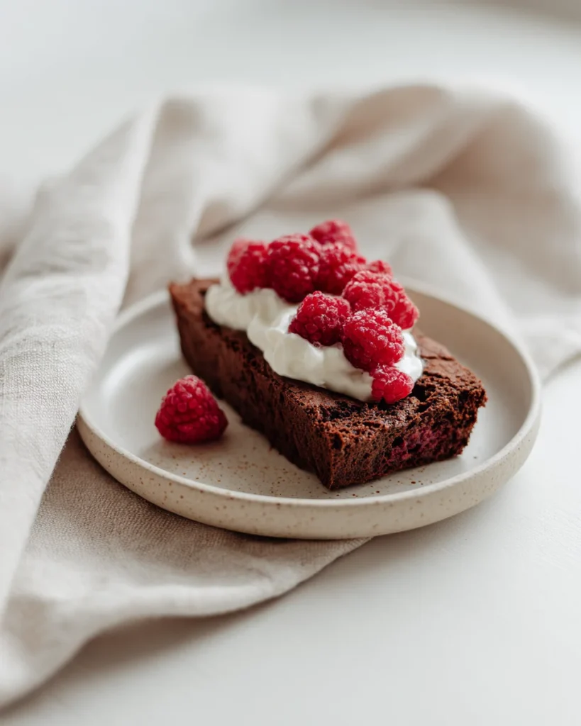 Moist chocolate loaf slice topped with fresh raspberries and yogurt on a speckled plate