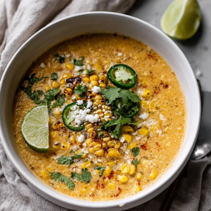 Bowl of Mexican street corn soup topped with charred corn, jalapeño slices, lime wedge, cotija cheese, and cilantro.