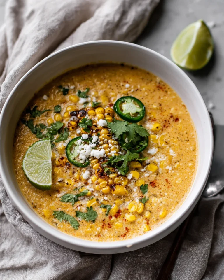 Bowl of Mexican street corn soup topped with charred corn, jalapeño slices, lime wedge, cotija cheese, and cilantro.