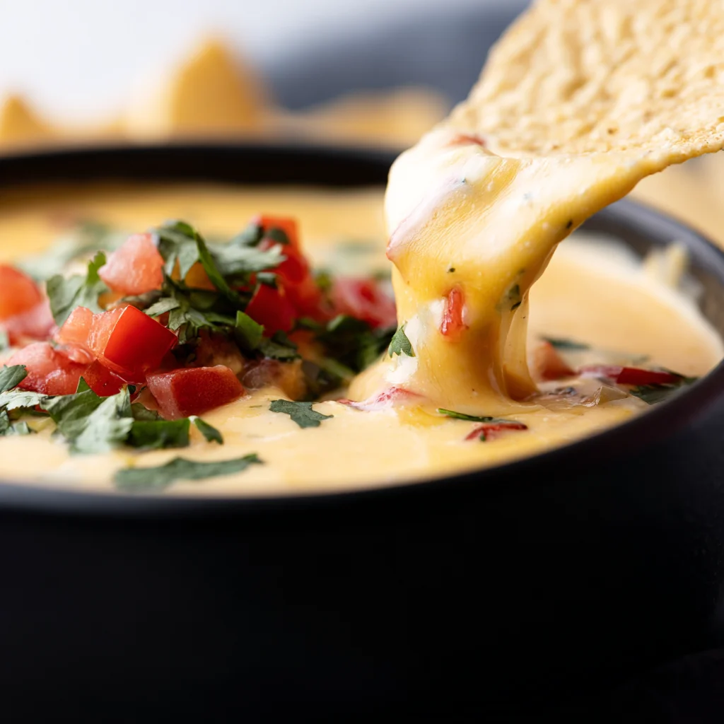 Black bowl of Velveeta queso topped with chopped cilantro and tomato, surrounded by tortilla chips