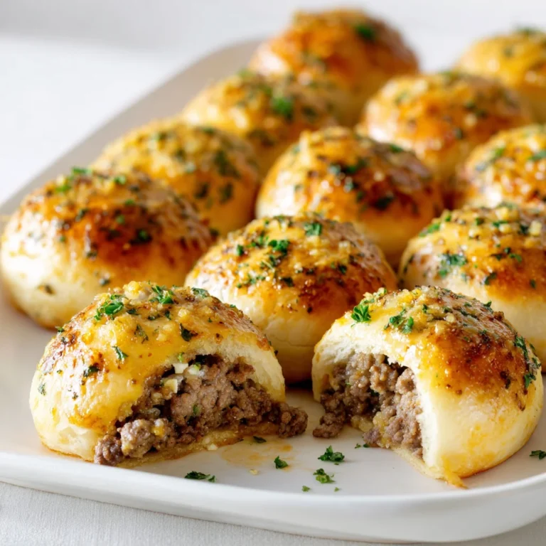 Plate of garlic Parmesan cheeseburger bombs with beef filling and fresh parsley garnish