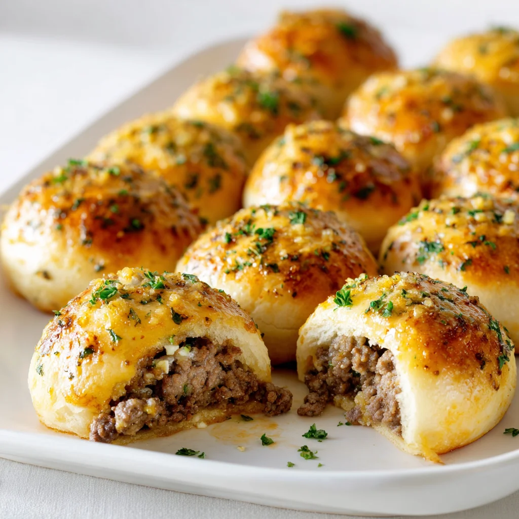 Plate of garlic Parmesan cheeseburger bombs with beef filling and fresh parsley garnish