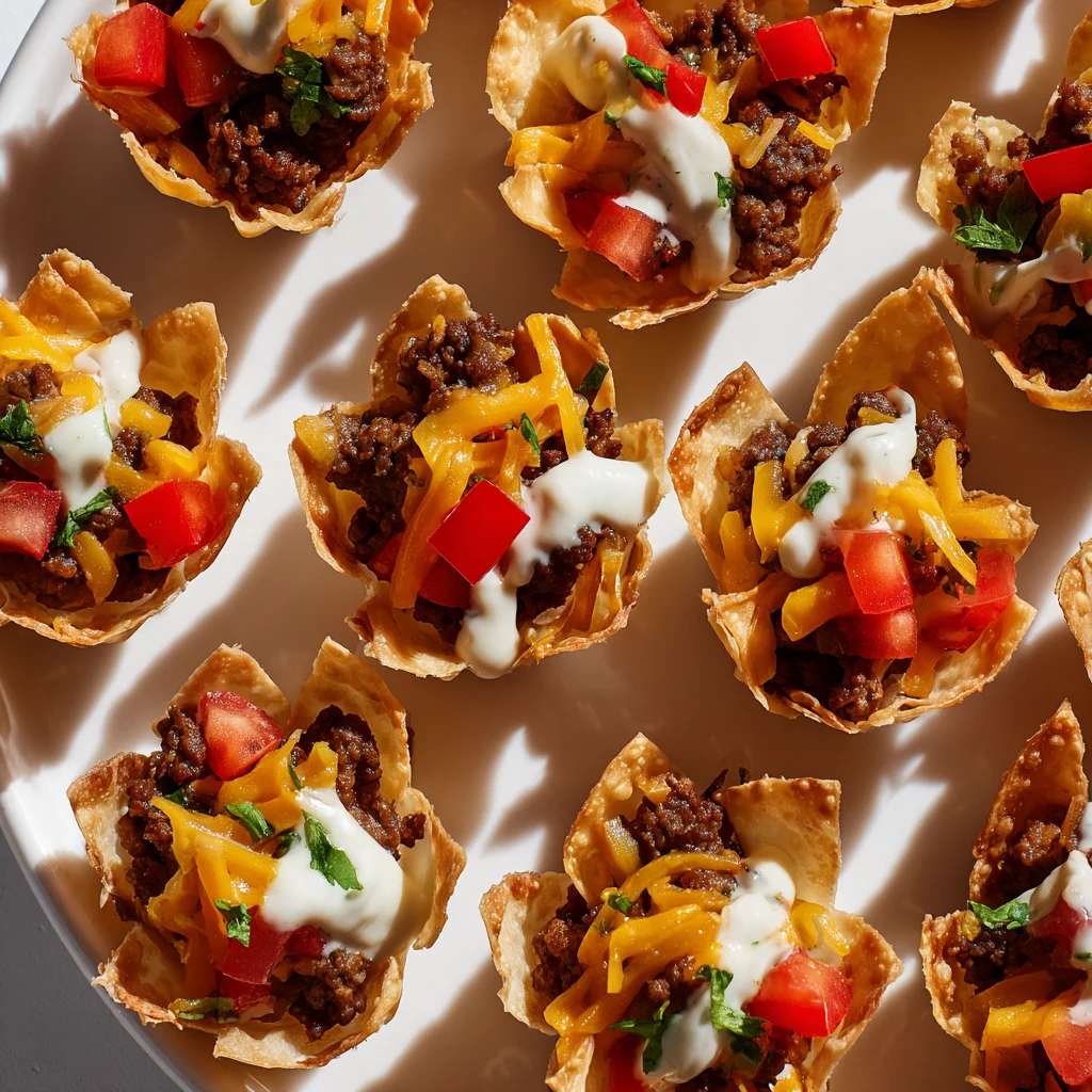 Mini phyllo taco ranch bites filled with taco-seasoned beef, cheddar cheese, diced tomatoes, and ranch dressing on a white plate