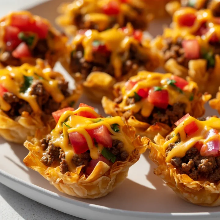 Taco ranch bites with melted cheddar and diced tomatoes in crispy phyllo cups on a white serving platter
