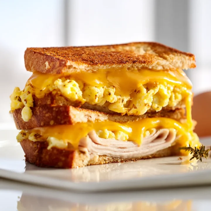 Close-up of smoked turkey and egg grilled cheese sandwich with melted cheddar, creamy scrambled eggs, and golden toasted bread on a white plate.