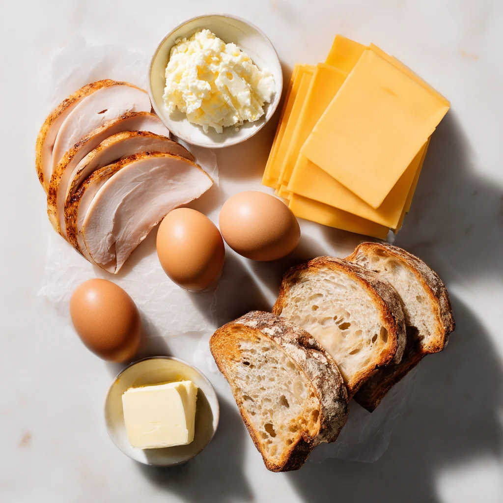 Overhead view of smoked turkey slices, brown eggs, cheddar cheese slices, rustic sourdough bread, and butter arranged neatly on a white marble surface.