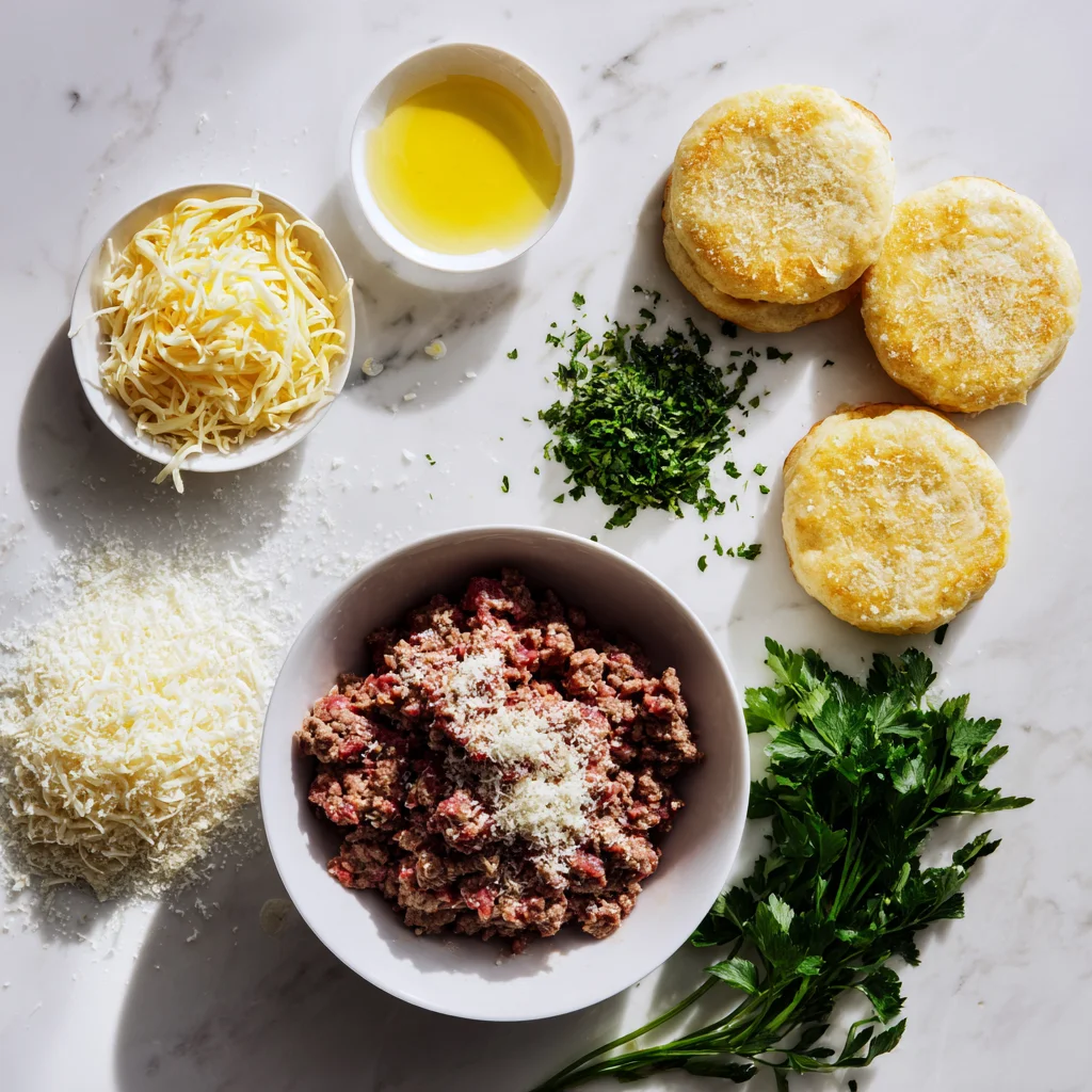 Flat lay of ground beef, shredded cheese, parsley, biscuit dough, olive oil, and Parmesan on marble countertop