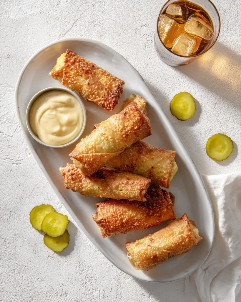 Crispy cheeseburger egg rolls served on a white oval platter with a small bowl of dipping sauce, sliced pickles, and a glass of iced drink.