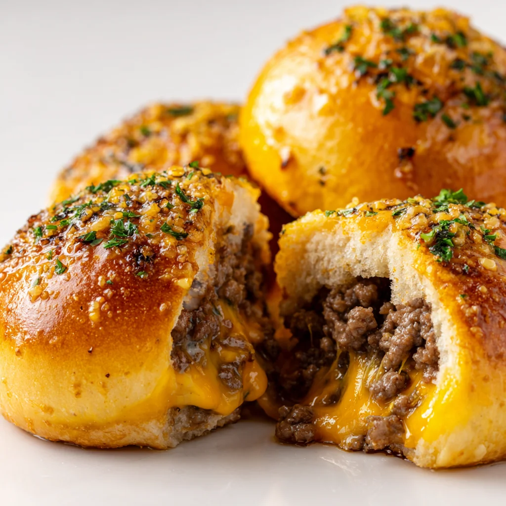 Golden garlic Parmesan cheeseburger bombs stuffed with ground beef and cheddar, one bun split open