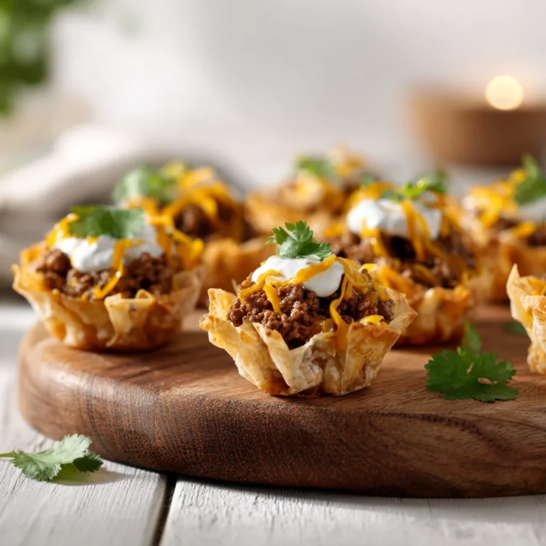 Taco ranch bites in crispy phyllo shells topped with shredded cheddar, ranch drizzle, and fresh cilantro