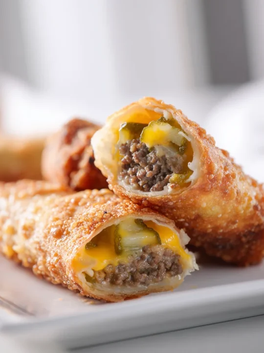 Close-up of cheeseburger egg roll cut in half, showing juicy ground beef, melted cheese, and pickles inside a crispy golden wrapper.