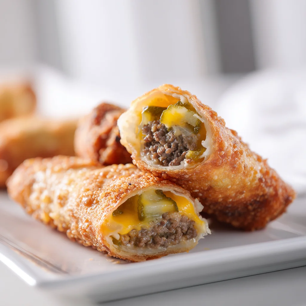 Close-up of cheeseburger egg roll cut in half, showing juicy ground beef, melted cheese, and pickles inside a crispy golden wrapper.