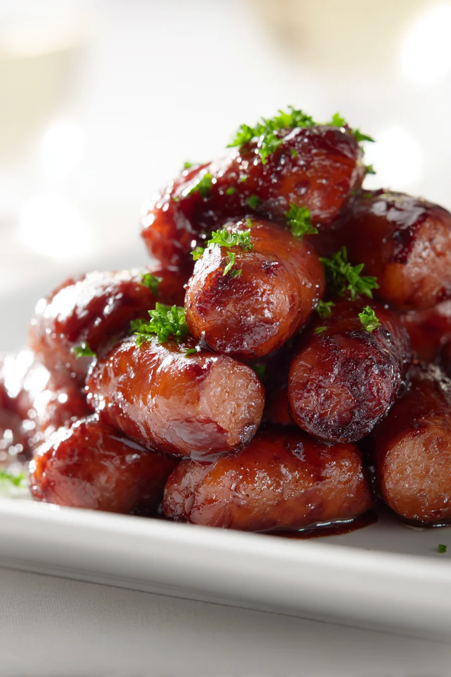Sticky glazed BBQ cocktail sausages with fresh parsley on a white plate