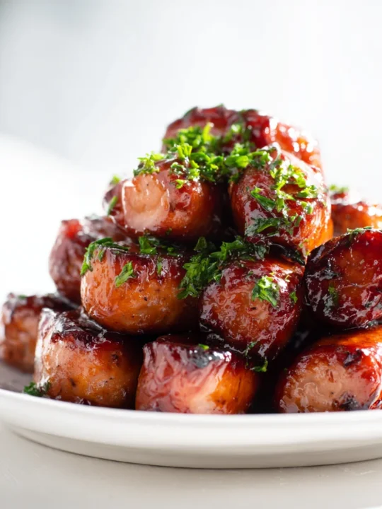 BBQ sausage bites stacked on white plate with chopped parsley garnish