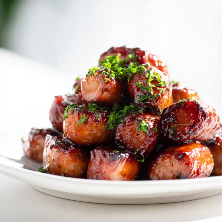 BBQ sausage bites stacked on white plate with chopped parsley garnish