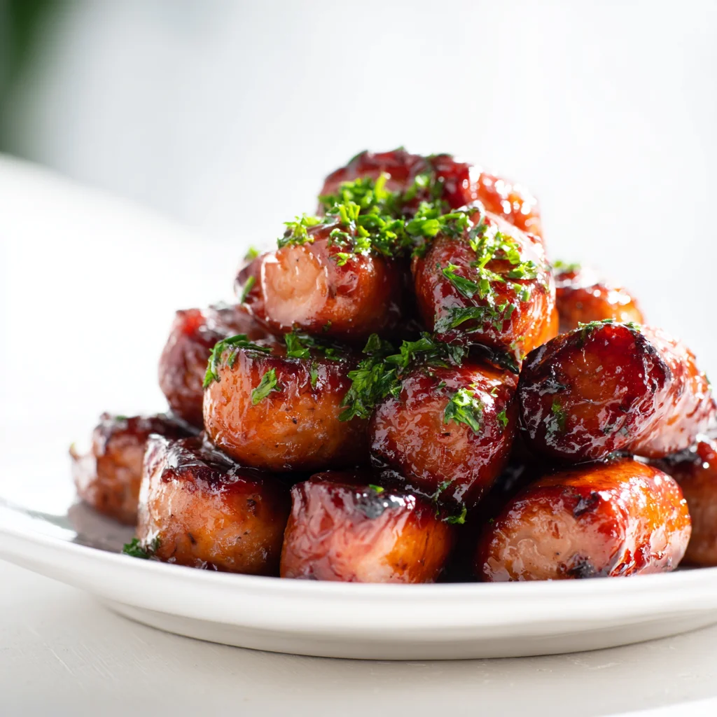 BBQ sausage bites stacked on white plate with chopped parsley garnish