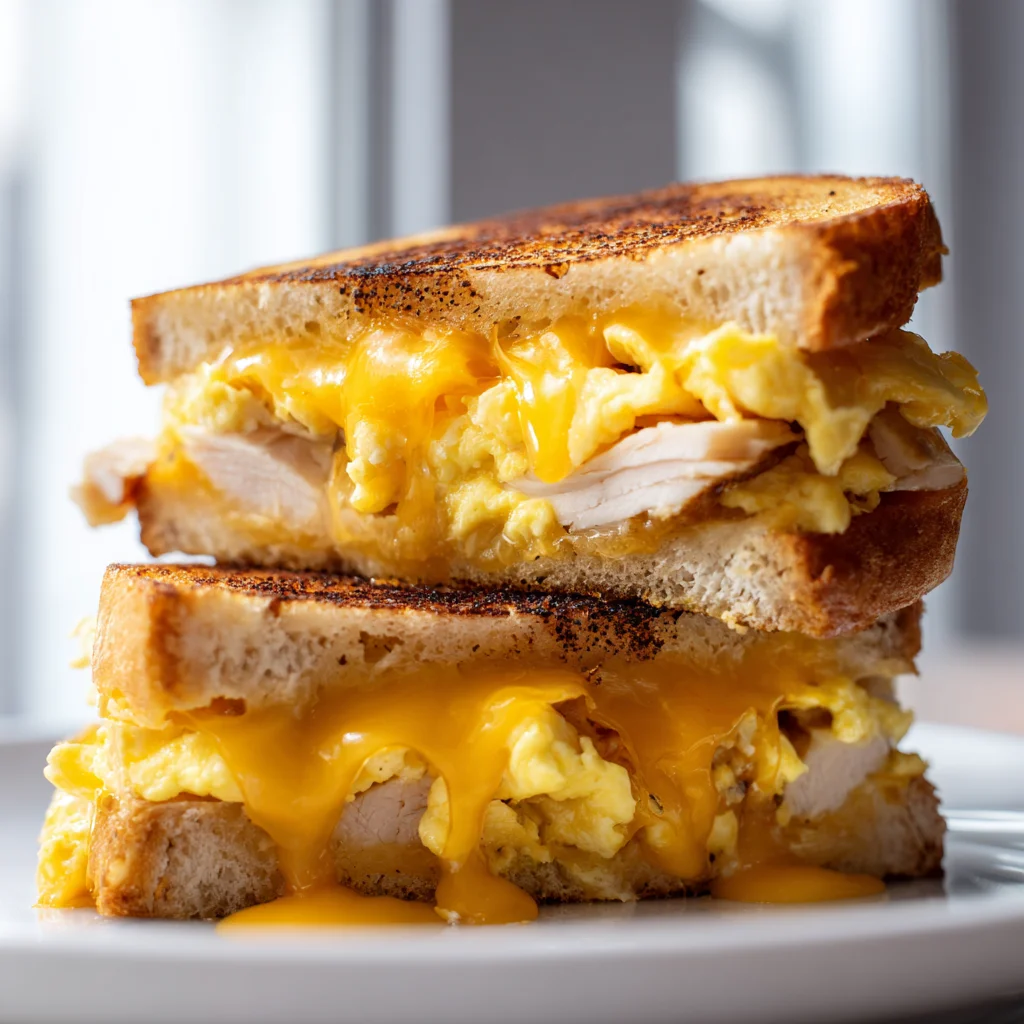 Stacked smoked turkey and egg grilled cheese with gooey melted cheddar and crispy golden bread in bright natural light.