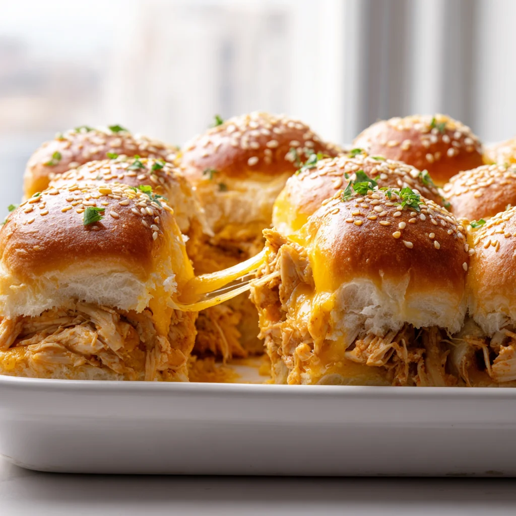Pulled-apart cheesy chicken sliders baked in a white dish with sesame seed buns