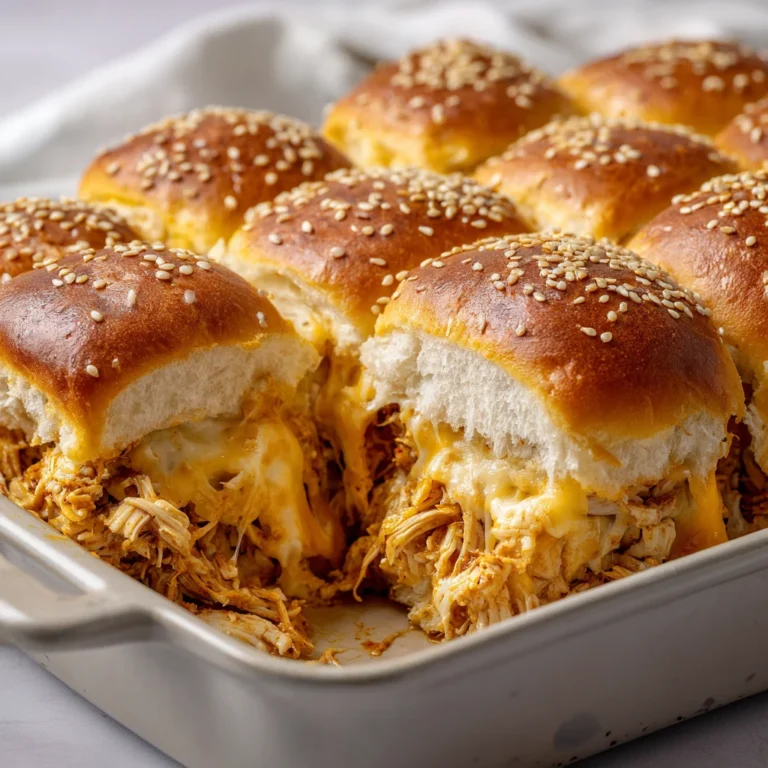 Cheesy shredded chicken sliders pulled apart in a baking dish