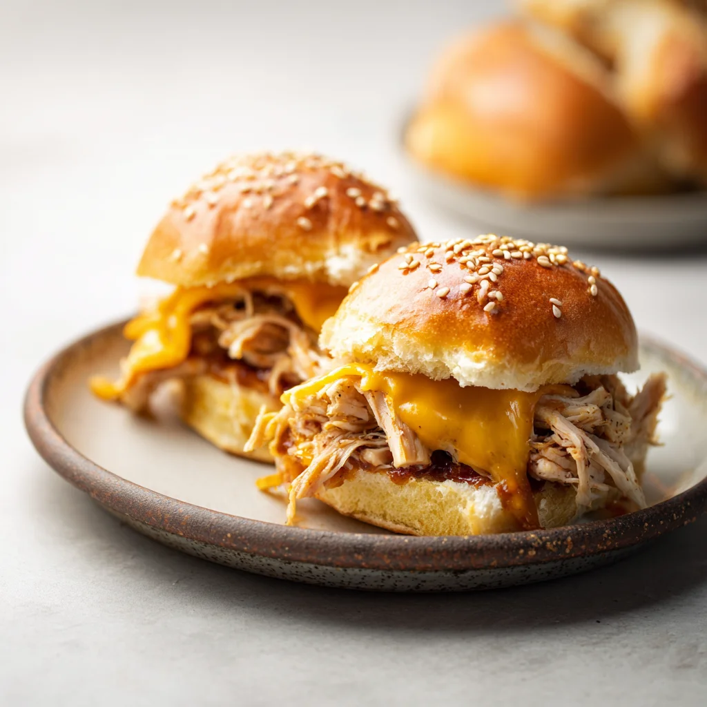 Two shredded chicken sliders with melted cheese on a ceramic plate

