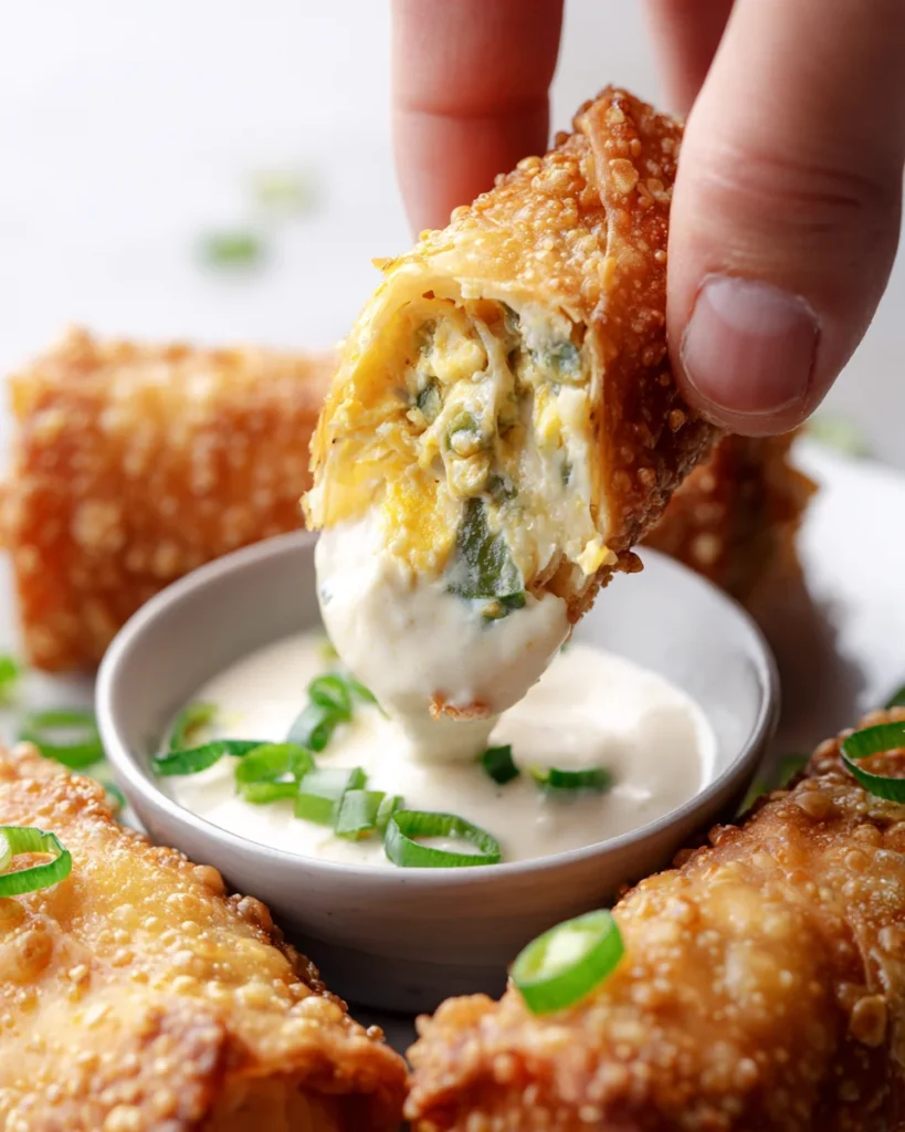 Jalapeno Popper Egg Roll Dipped into Creamy Sauce