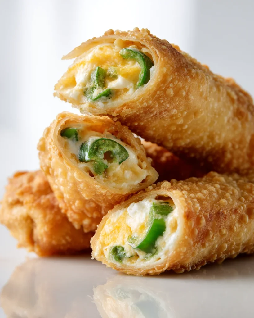 Golden Brown Jalapeno Popper Egg Rolls Stacked on Plate
