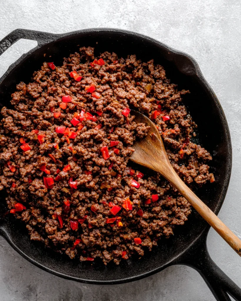 Seasoned ground beef with finely diced red peppers cooked in a black cast iron skillet, with a wooden spoon resting inside.
