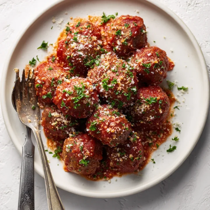 Plate of ricotta meatballs with sauce, parsley, and silver utensils