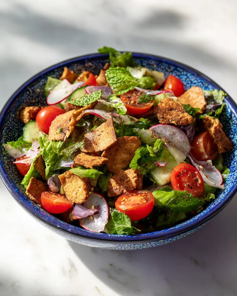  Vibrant bowl of tomato and herb fattoush salad with crisp lettuce, cherry tomatoes, cucumbers, radishes, red onion, mint, parsley, and toasted pita chips