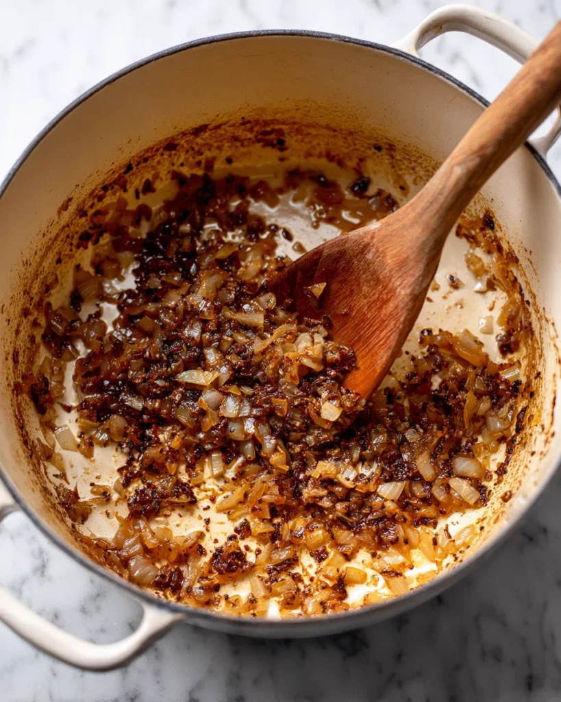 Caramelized onions and garlic in a white Dutch oven for the soup base.