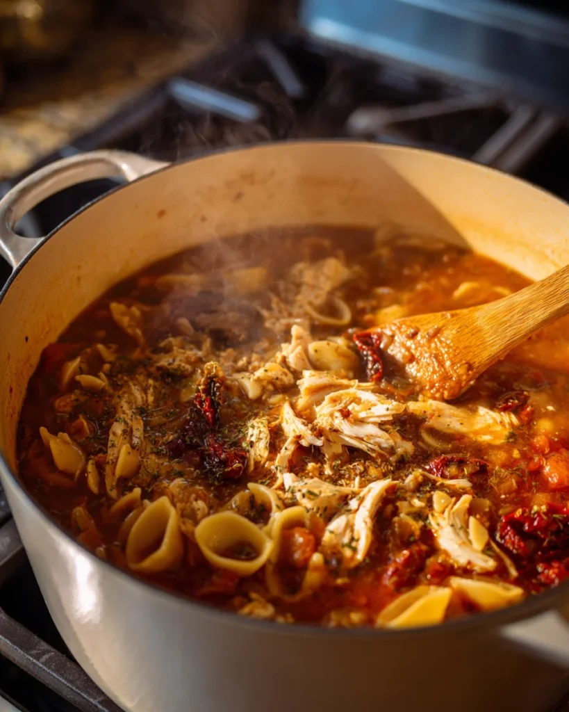 steamy pot of marry me chicken soup with pasta shells and shredded chicken